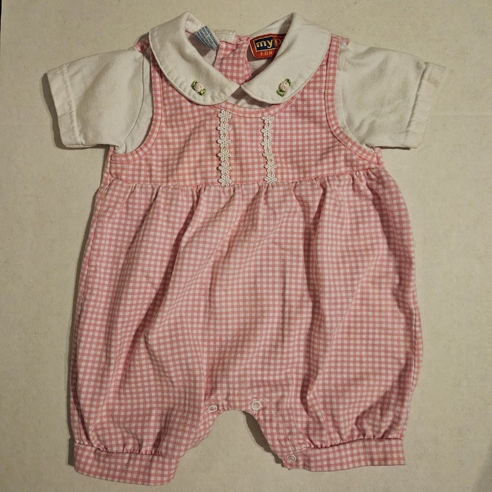 Vintage My Pal For Girls Pink Gingham Romper Flower Applique Size 6/9 Mo Y2K 90s